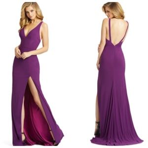 NWT IEENA for Mac Duggal Deep V-neck Slit Jersey Gown In Aubergine Womens 12